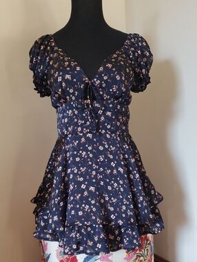 Altar'd State Navy Floral Puff-Sleeve Tie-Front Short Romper